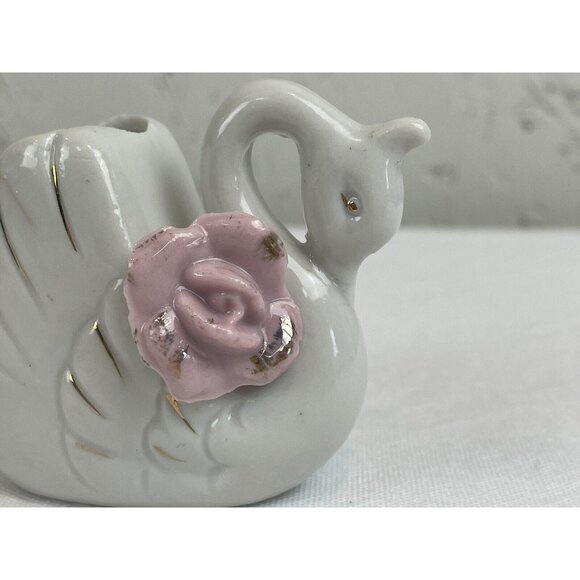 Vintage Mini White Swan Ceramic Planter Trinket Dish Pink Ceramic Roses Japan 2" - Picture 9 of 11